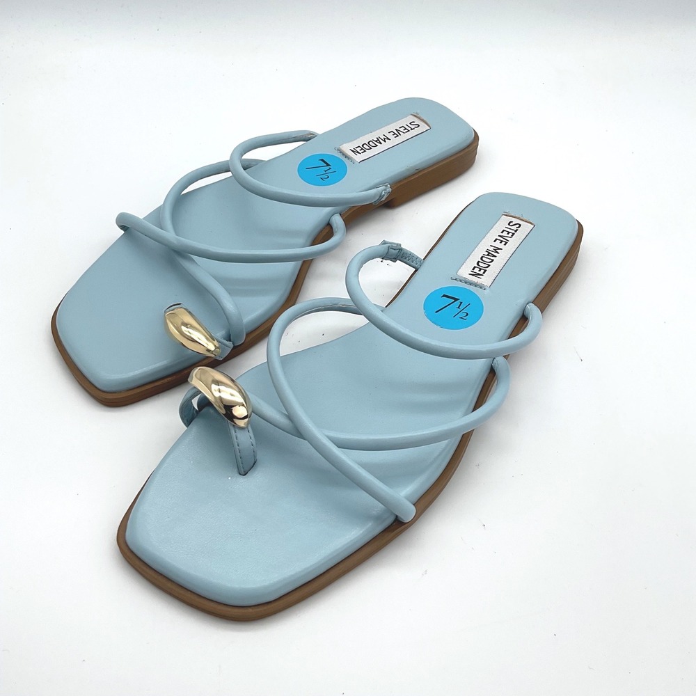 Steve Madden Anine Light Blue Strappy Square Toe Flat Sandals Gold Hardware 7.5M - Picture 2 of 5